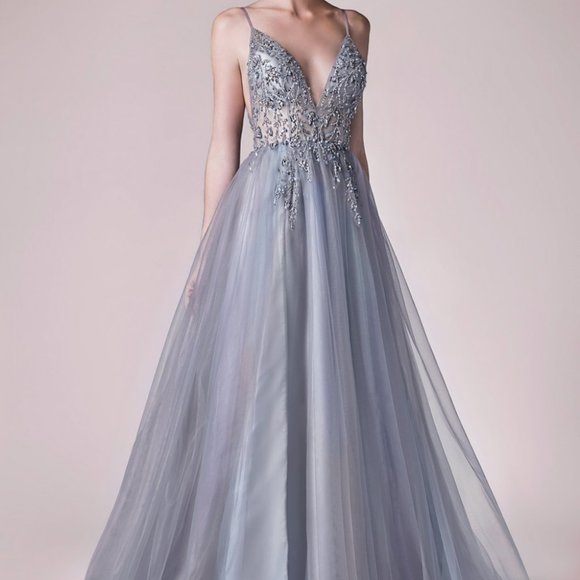 SMOKEY BLUE COLOR PROM PARTY Deep V-Neck Leg Slit Evening Dress ALA0672 - Picture 8 of 8